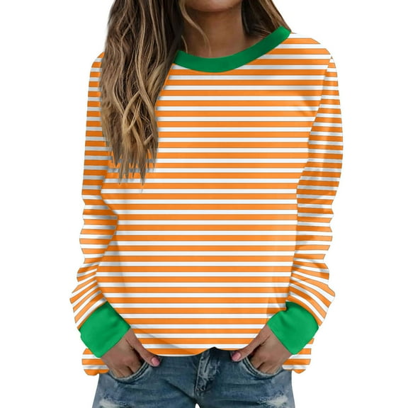 Oalirro Cute Long Sleeve Tops for Women Striped Print Round Neck Woman Crop Tops Fall and Winter Green Shirt