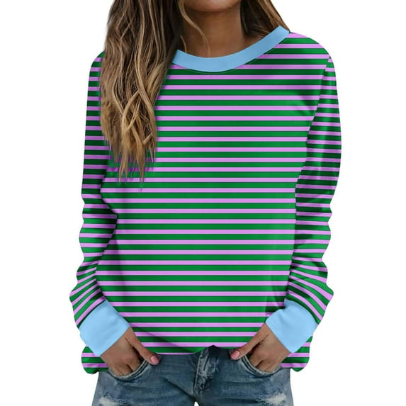 Oalirro Cute Long Sleeve Tops for Women Striped Print Round Neck Woman Crop Tops Fall and Winter Light Blue Shirt