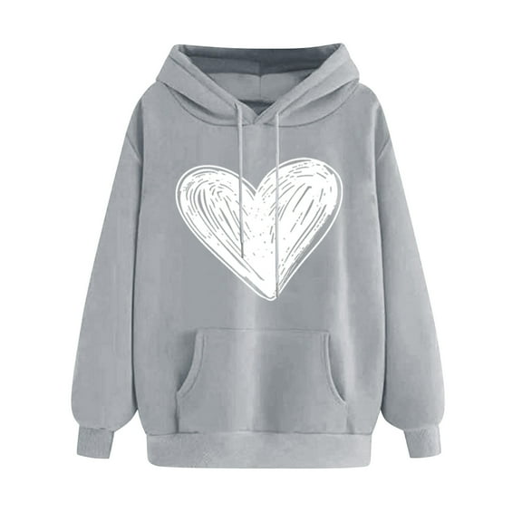 Oalirro Drawstring Hoodies for Women Causal Winter Long Sleeve Cute Heart Sweatshirt Valentine's Day Top for Spring, Gray
