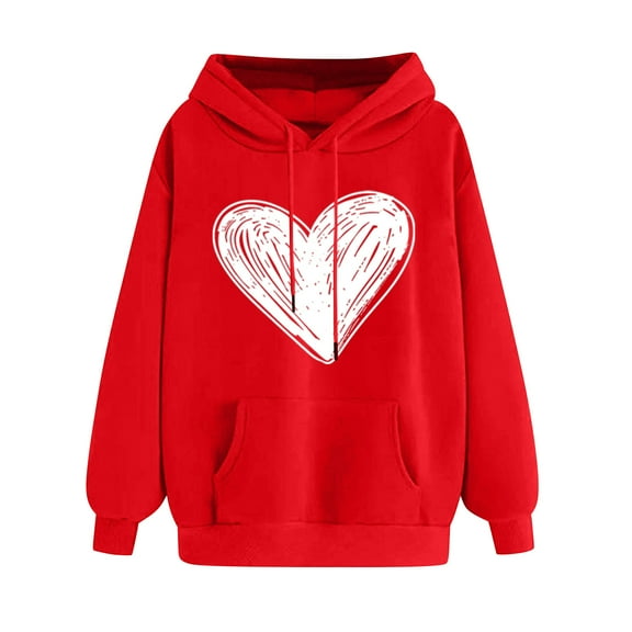 Oalirro Drawstring Hoodies for Women Causal Winter Long Sleeve Cute Heart Sweatshirt Valentine's Day Top for Spring, Red