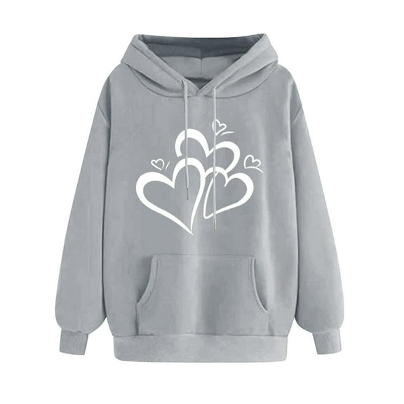 Oalirro Drawstring Hoodies for Women Lightweight Long Sleeve Heart Print Sweatshirt Valentine's Day Top for Spring, Gray