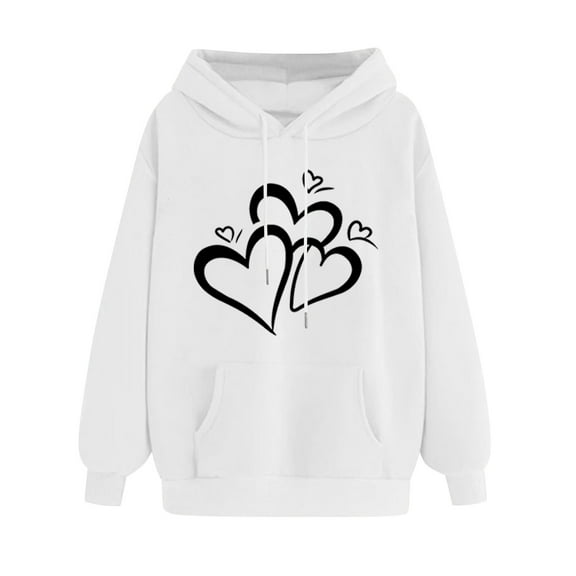 Oalirro Drawstring Hoodies for Women Lightweight Long Sleeve Heart Print Sweatshirt Valentine's Day Top for Spring, White