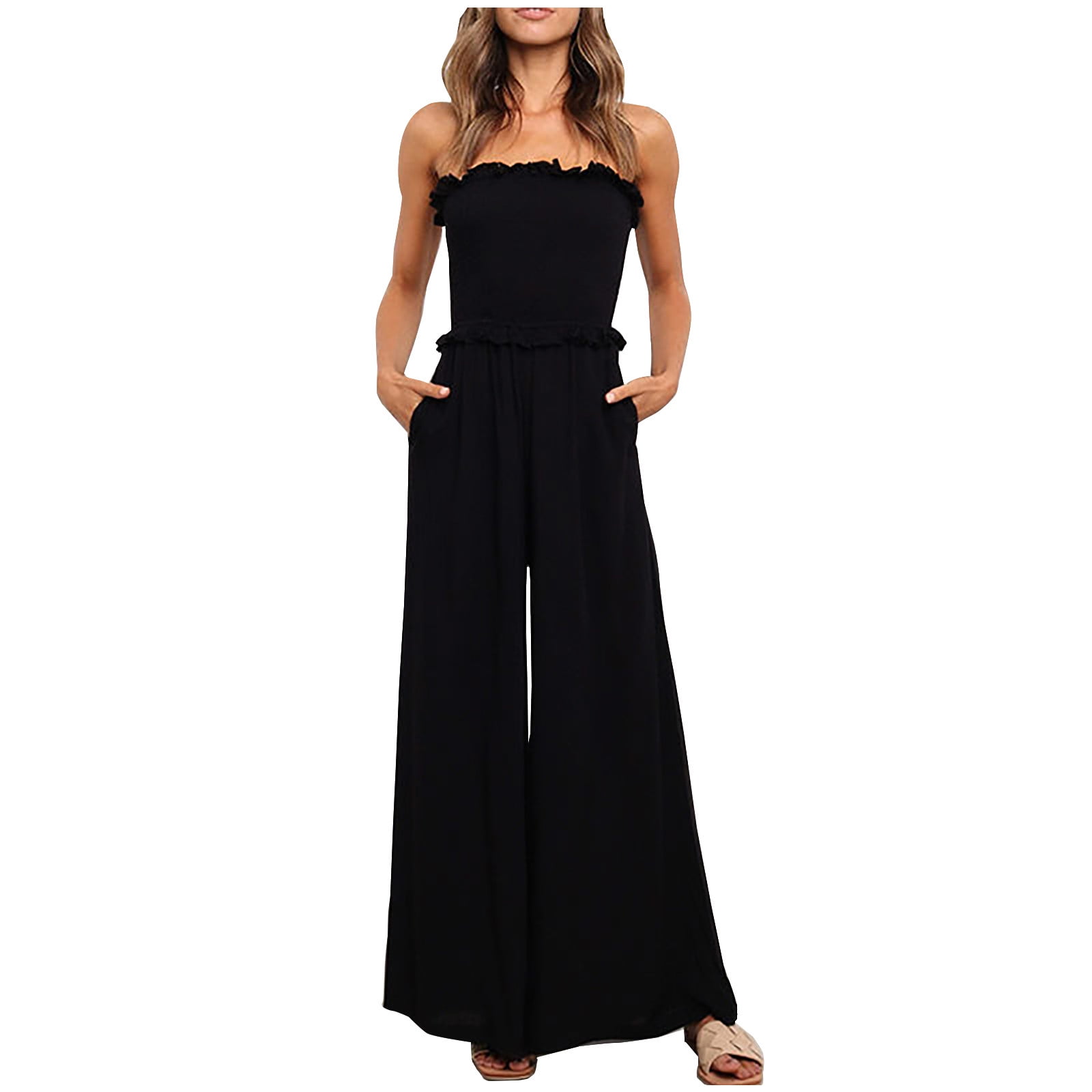 Oalirro Dressy Jumpsuits for Women Wedding Guest High Waisted Strapless Summer Romper Black