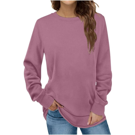 Oalirro Fall Trendy Tops for Women Crew Neck Long Sleeve Gift Selection Sloid Top