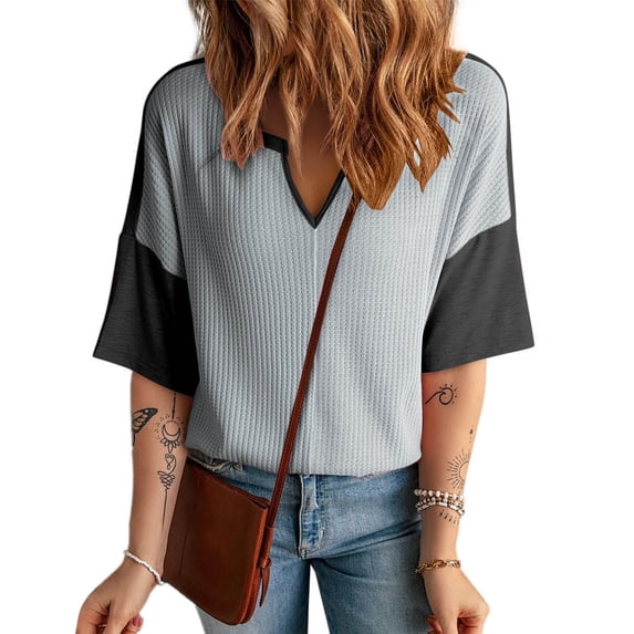 Oalirro Fashion 2025 Summer Tops for Women Half Sleeve Waffle Knit Shirts Casual V Neck Colorblock Patchwork Blouses