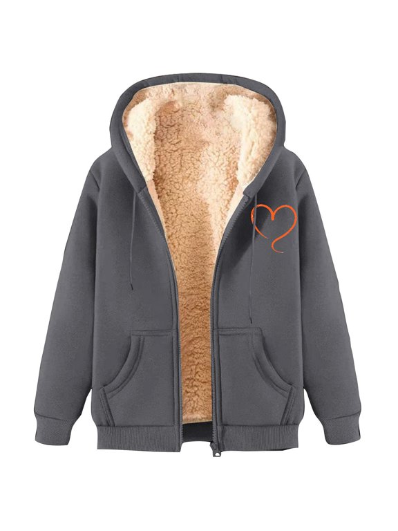 Heart Print Coat for Women Long Sleeve Winter Warm Fleece Lined Overcoat Zip Up Hooded Outwear with Pockets