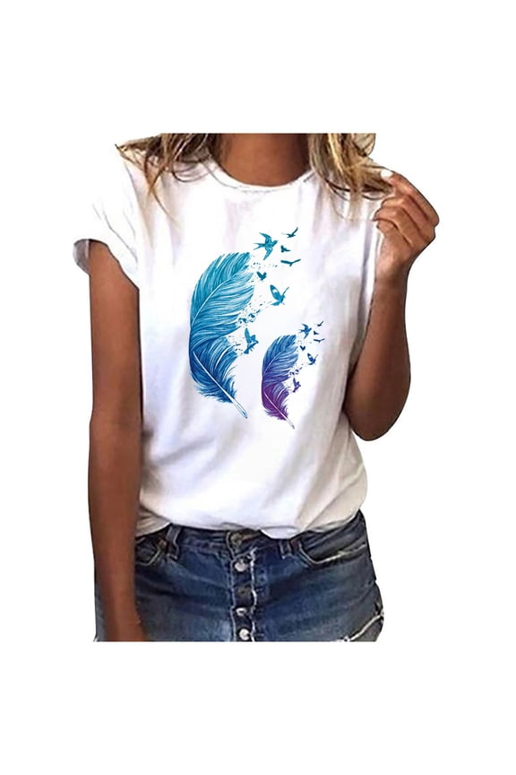 Fashion Women Short Sleeve T-Shirt Feather Print Casual Top Comfortable Blouse