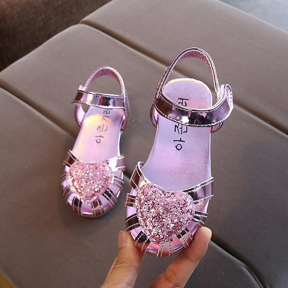 Oalirro Flat Sandals Children Kids Girls Sandals Princess Heart Hollow Cut-outs Roman Beach Shoes
