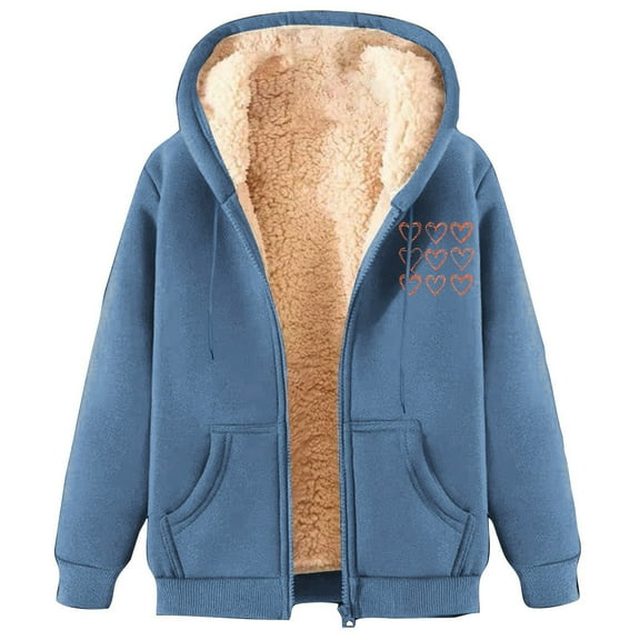 Oalirro Fleece Lined Coat for Women Zip Up Casual Winter Warm Overcoat Hooded Outwear Heart Print Jacket with Pockets