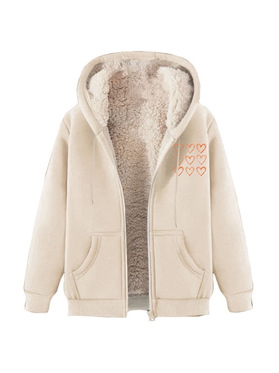 Fleece Lined Coat for Women Zip Up Casual Winter Warm Overcoat Hooded Outwear Heart Print Jacket with Pockets