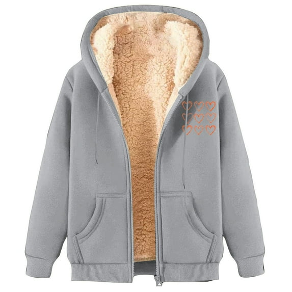 Oalirro Fleece Lined Coat for Women Zip Up Casual Winter Warm Overcoat Hooded Outwear Heart Print Jacket with Pockets