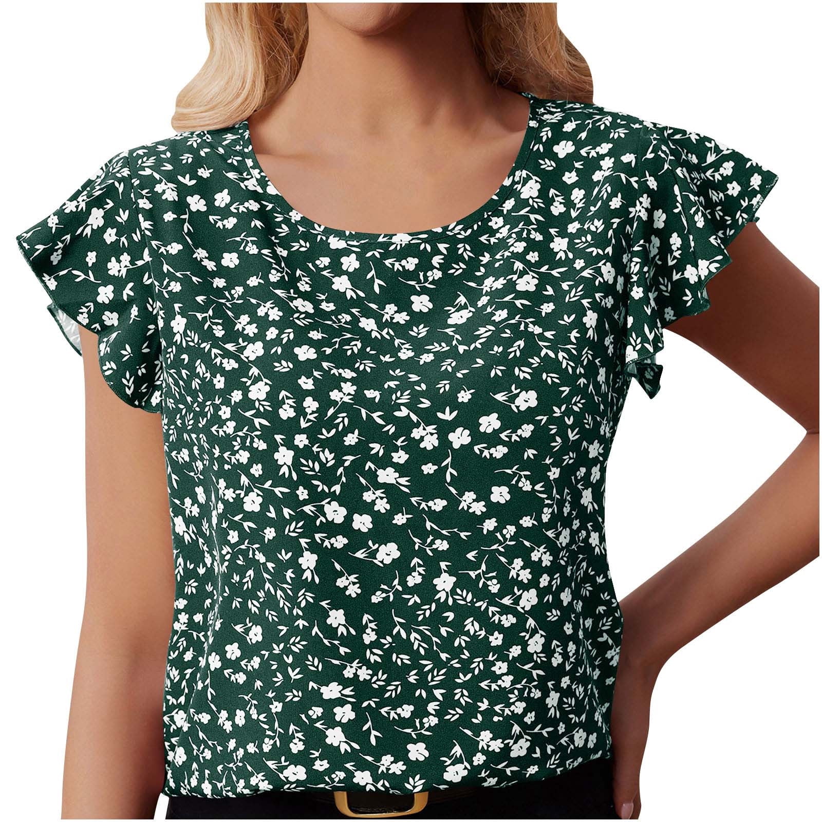 Oalirro Floral Summer Casual Shirts for Women Crewneck Lace Crochet Short Sleeve Blouses Loose Tunic Tops