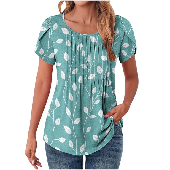 Oalirro Floral Summer Dressy Pleated Blouse for Women Casual Short Sleeve Tops Loose T Shirts Trendy Tunics