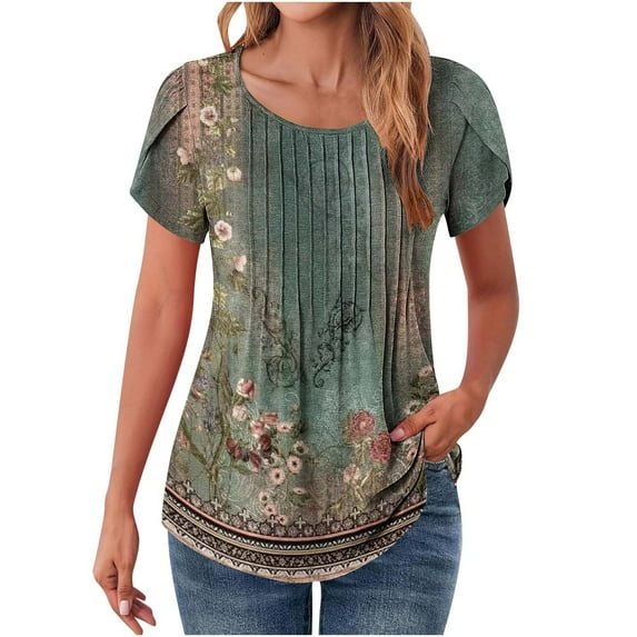 Oalirro Floral Summer Dressy Pleated Blouse for Women Casual Short Sleeve Tops Loose T Shirts Trendy Tunics