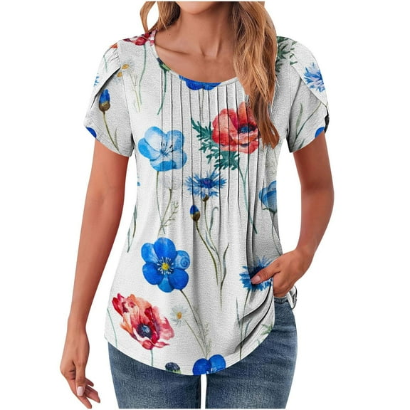 Oalirro Floral Summer Dressy Pleated Blouse for Women Casual Short Sleeve Tops Loose T Shirts Trendy Tunics