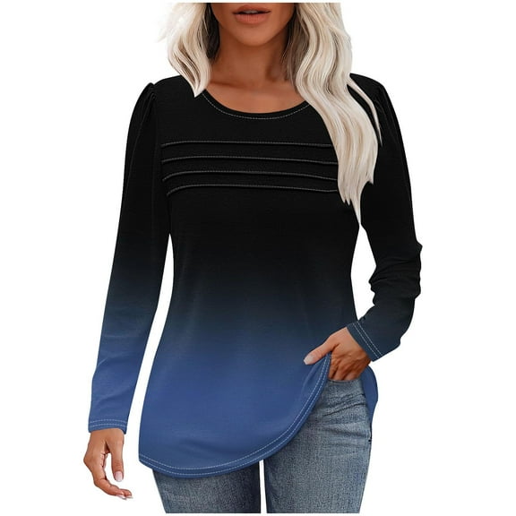 Oalirro Gradient Blue Long Sleeve Shirts for Women Loose Fit Dressy Tshirt Tunic Tops