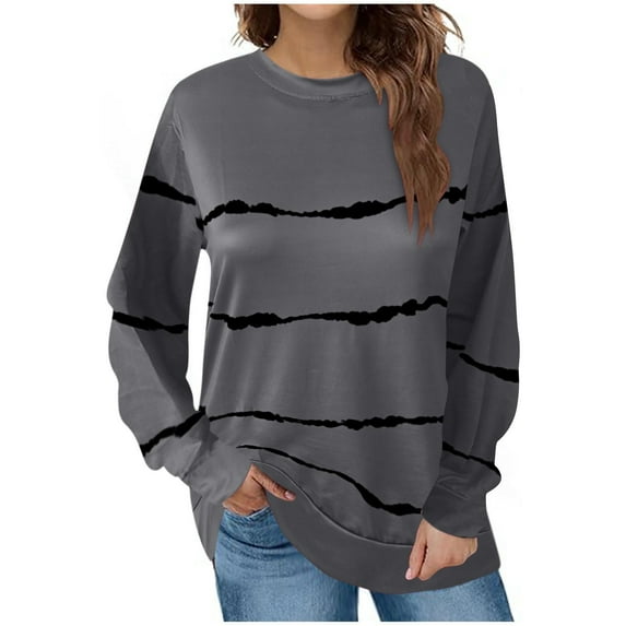 Oalirro Gray Long Sleeve Tops for Women Round Neck Striped Shirts for Women-S