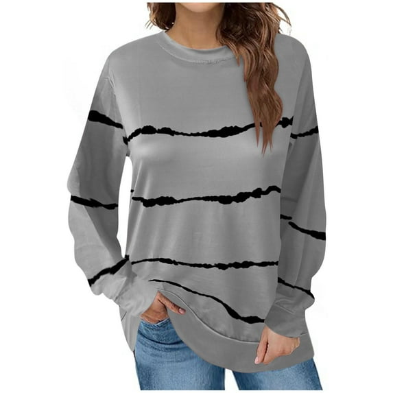 Oalirro Gray Long Sleeve Tops for Women Round Neck Striped Shirts for Women-XXL