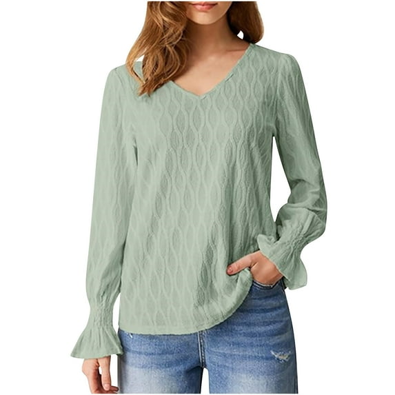 Oalirro Green Round Neck Summer Long Sleeve Tops for Women Women's Fall Fashion Solid Color Long Sleeved Crewneck Basic Tops Blouse