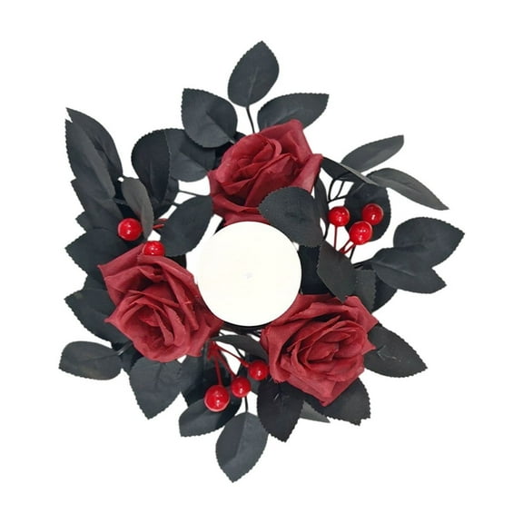 Oalirro Halloween Rose Candle Wreath - 11 Inch Black Artificial Flower Wreath Ring, Gothic Decor for Candles, Doors, Walls - Fade-Resistant Plastic Halloween Party Decoration (11in)