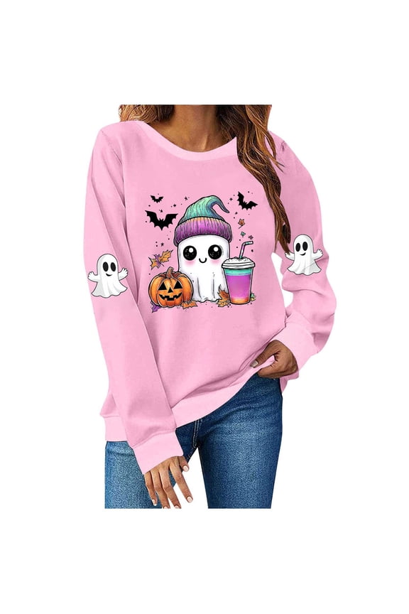 Halloween Sweatshirt Fall Long Sleeve Funny Ghost Crewneck Spooky Raglan Graphic Pullover Shirts