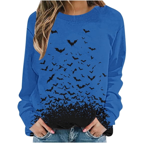 Oalirro Halloween Sweatshirts for Women Halloween Graphic Bat Long Sleeve Shirt Casual Pullover Top