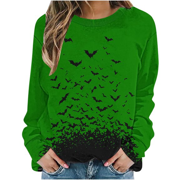 Oalirro Halloween Sweatshirts for Women Halloween Graphic Bat Long Sleeve Shirt Casual Pullover Top