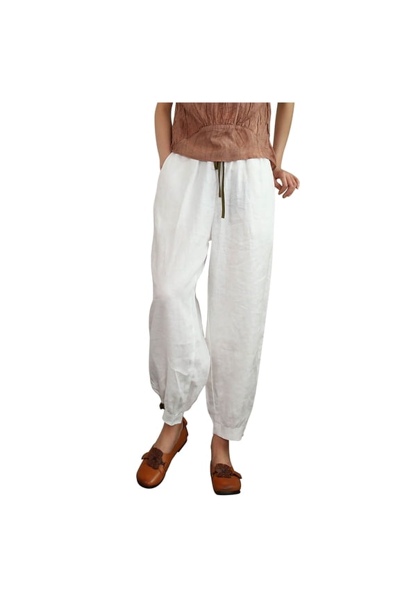 Oalirro Harem Pants Cotton Linen White Lace Up Pants M