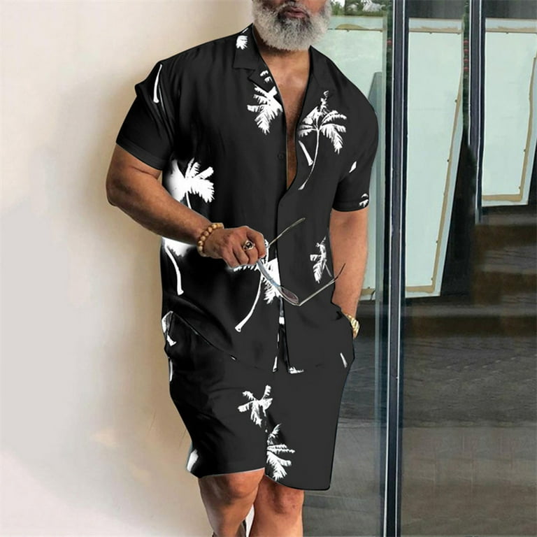 Oalirro Hawaiian Outfits for Men 2 Piece Sets Holiday Gifts Men Hawaiian  Short Sleeve Tops +shorts Beach Stand-up Collar Shirt Printed Summer Casual 