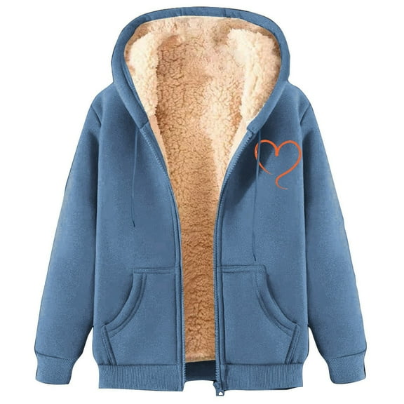 Oalirro Heart Print Coat for Women Long Sleeve Winter Warm Fleece Lined Overcoat Zip Up Hooded Outwear with Pockets