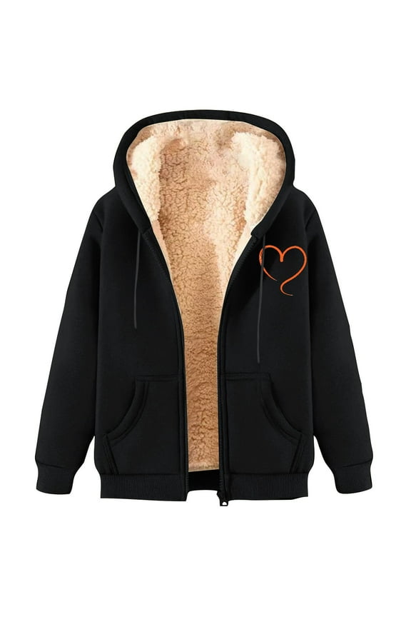 Heart Print Coat for Women Long Sleeve Winter Warm Fleece Lined Overcoat Zip Up Hooded Outwear with Pockets