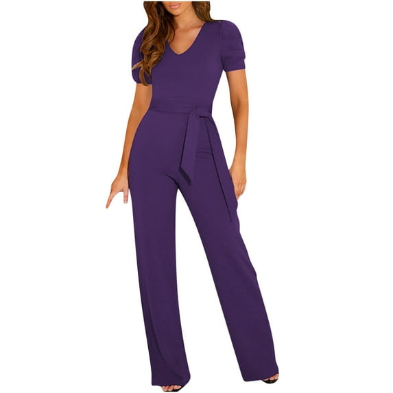 Nnhblu Jumpsuits for Women Summer Strap Bandage Wasitband V Neck Short Sleeve Rompers for Women Summer Purple Jumpsuit S