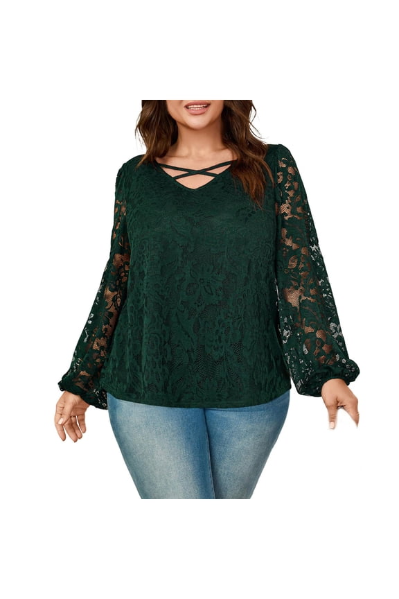Lace Blouse for Women Criss Cross V Neck Shirts for Women Dressy Casual Sheer Tops Basic Long Sleeve Loose Fashion T Shirts