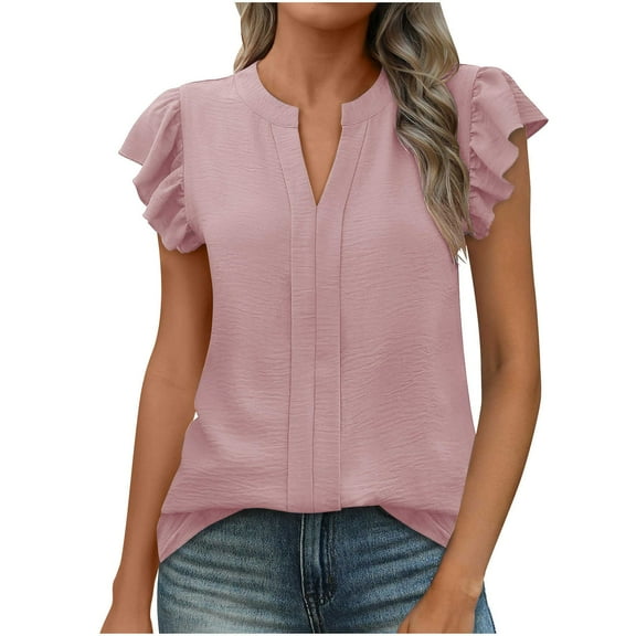 Oalirro Ladies' White Blouse V Neck Ruffle Sleeve Flowy Shirts Dressy Casual Cute Summer Tops