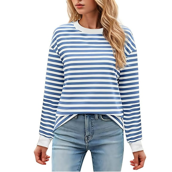 Oalirro Light Blue Casual Long Sleeve Tops for Women Trendy Round Neck Long Sleeve Polyester Striped Print Womens Top, L