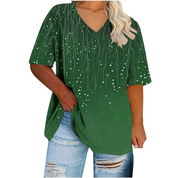 Oalirro Light Blue Plus Size Sequin Blouse for Women Short Sleeve Dressy Casual Shirt Sparkle Shimmer V Neck T Shirt Ladies Tees Under 10, XL-5XL