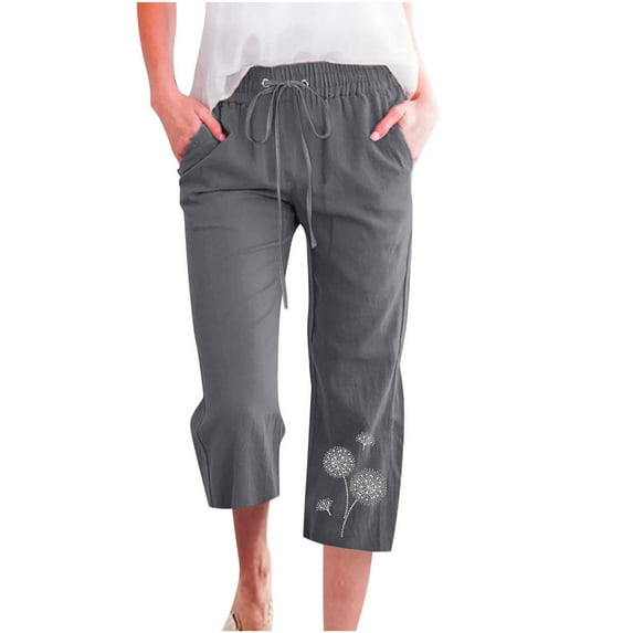 Oalirro Linen Capri Pants for Women Cotton Linen with Pockets Floral Print Casual Summer