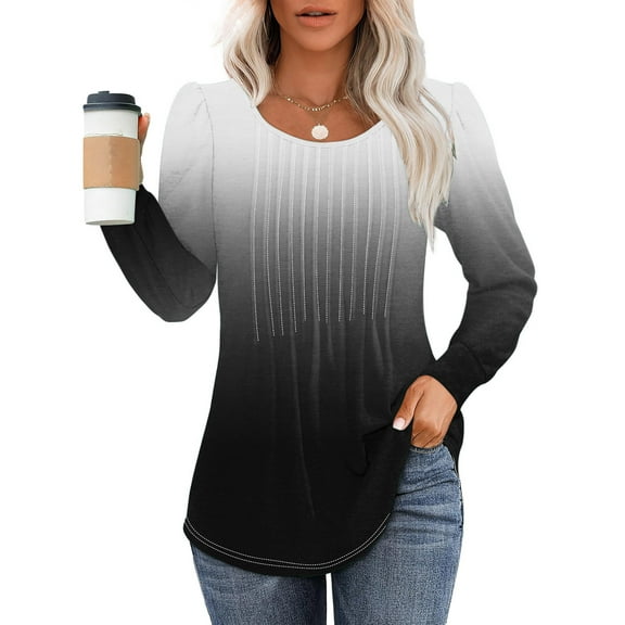 Oalirro Long Sleeve Shirts for Women Fall Tops Dressy Casual Blouses Pleated Scooped Neck Tunic Tops for Leggings