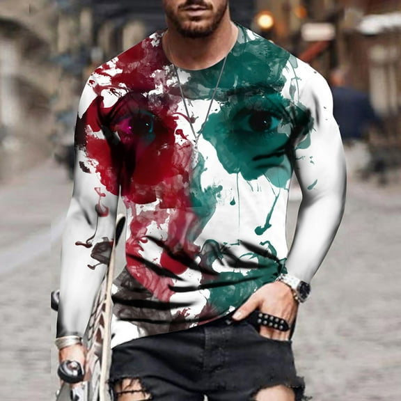 Oalirro Long Sleeve Tee Shirts for Men Men's Loose Round Neck 3d Printing Long-sleeved T-shirt Top