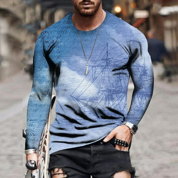 Oalirro Long Sleeve Tee Shirts for Men Men's Loose Round Neck 3D Printing Long Sleeve T Shirt Top