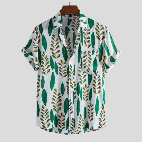 Nnhblu Men Short Sleeve Cotton Turndown collar Printed Hawaii Summer Blouse Green XL