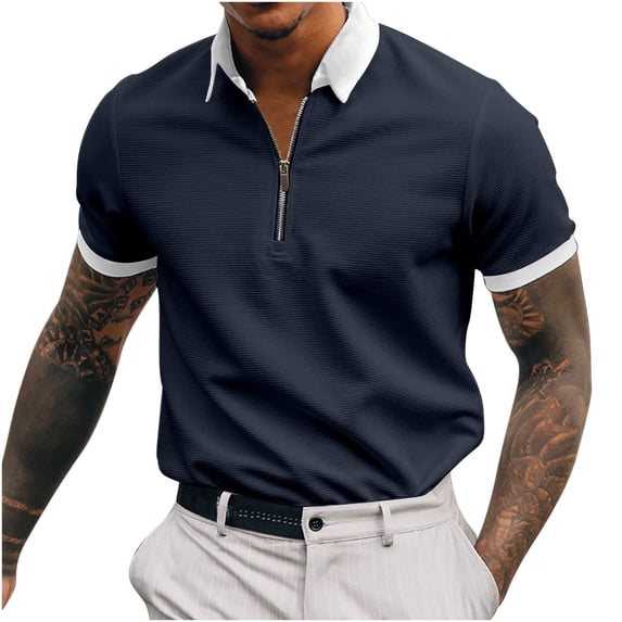 Yufatyle Men Short Sleeve Polyester Turndown collar Casual Men's T-Shirts Navy L