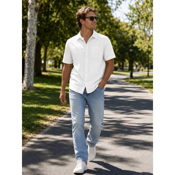 Oalirro Men's Short Sleeve Casual Button Down Shirt – Lightweight Breathable Cotton, Two Chest Pockets, Classic Collar, Solid White, Regular Fit for Summer Wear