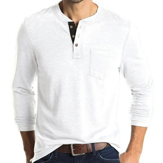 Oalirro Men's T-Shirts Graphic Tees Vintage Long Sleeve Button Down Round Neck Men's Shirts Graphic Tees White,M