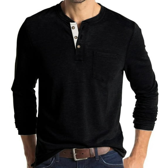 Oalirro Mens Workout Shirts Long Sleeve Button Down Round Neck Men's Shirts Graphic Tees Black,L