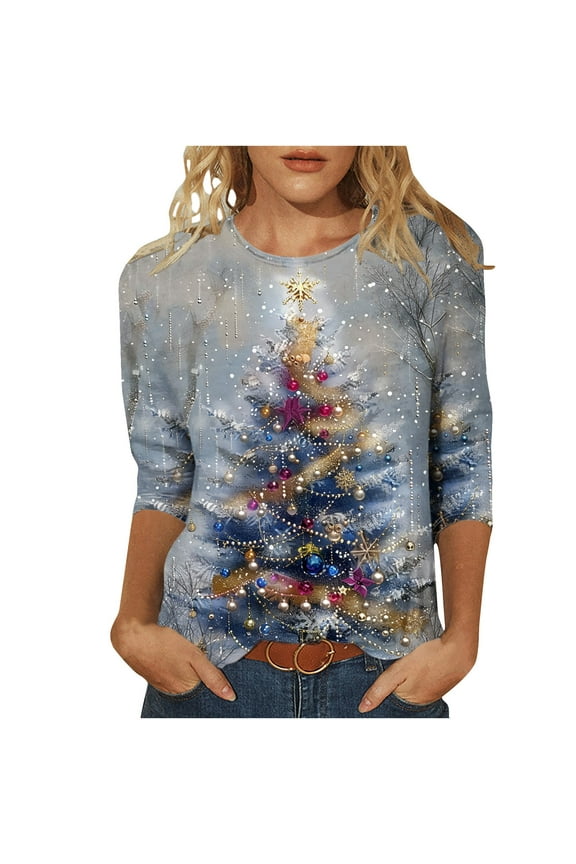 Merry Christmas T-Shirt for Women Cute Xmas Tree Tops Vintage Graphic 3/4 Sleeve Tees