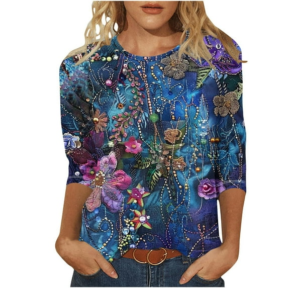 Oalirro Multicolor 2024 New Condition 3/4 Sleeve Tops for Women Streetwear Fashion Crew Neck Three-Quarter Sleeve Top L