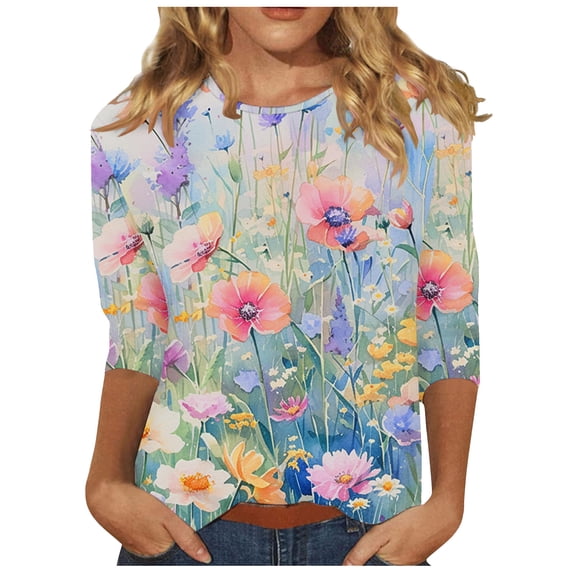 Oalirro Multicolor 3/4 Sleeve Tops for Women Loose Casual Crew Neck Three-Quarter Sleeve Top XXXL
