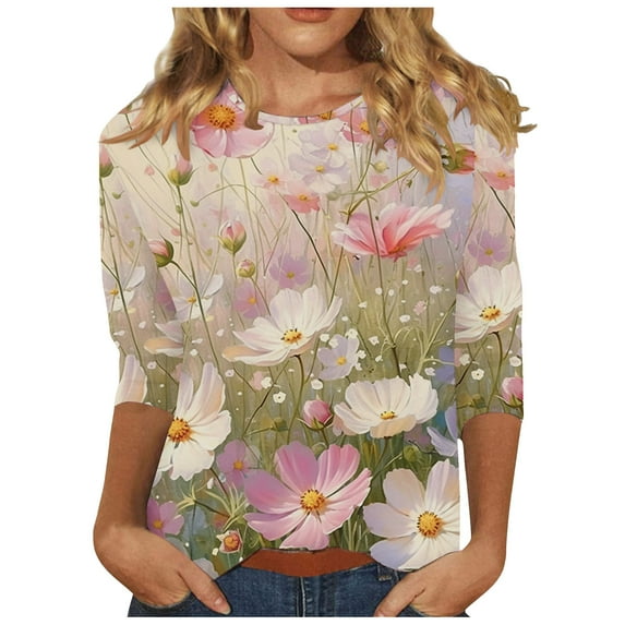 Oalirro Multicolor 3/4 Sleeve Tops for Women Summer Crew Neck Three-Quarter Sleeve Top M