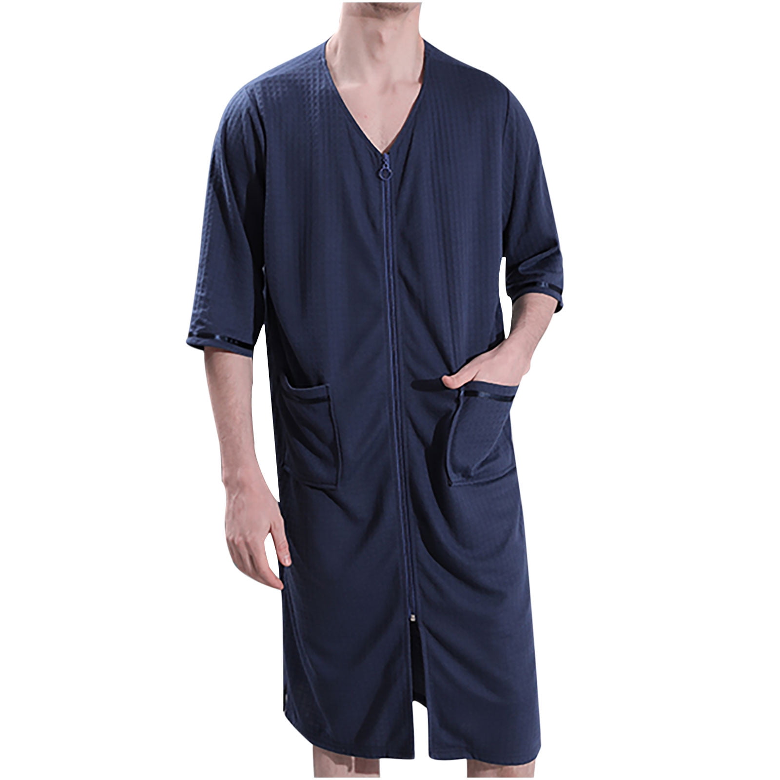 Oalirro Navy Men's Long Robes Loungwear Quick dry Zip Up Robes Light